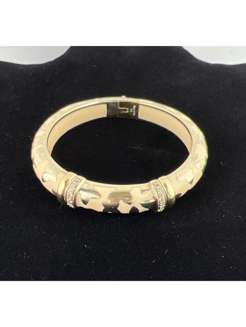 Angelique de Paris Signed Gold Over Sterling Cream Enamel Topaz Bangle Bracelet